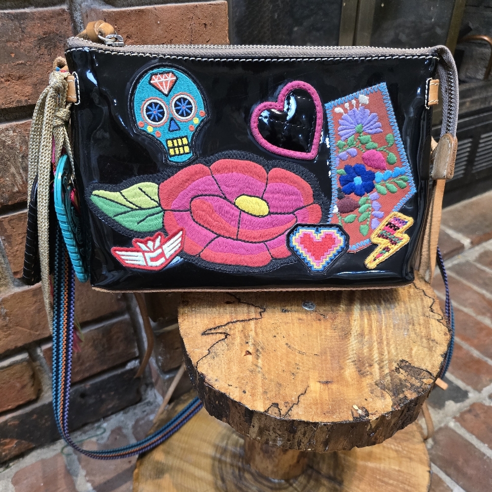 Black Patent Crossbody Bag with Colorful Embroidered Patches